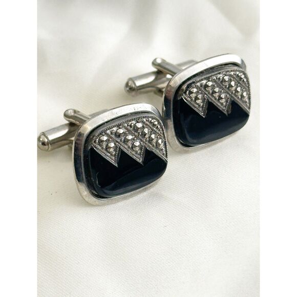 vintage Other - Vintage Marcasite Cufflinks Black Zig Zag square dark academia poetcore